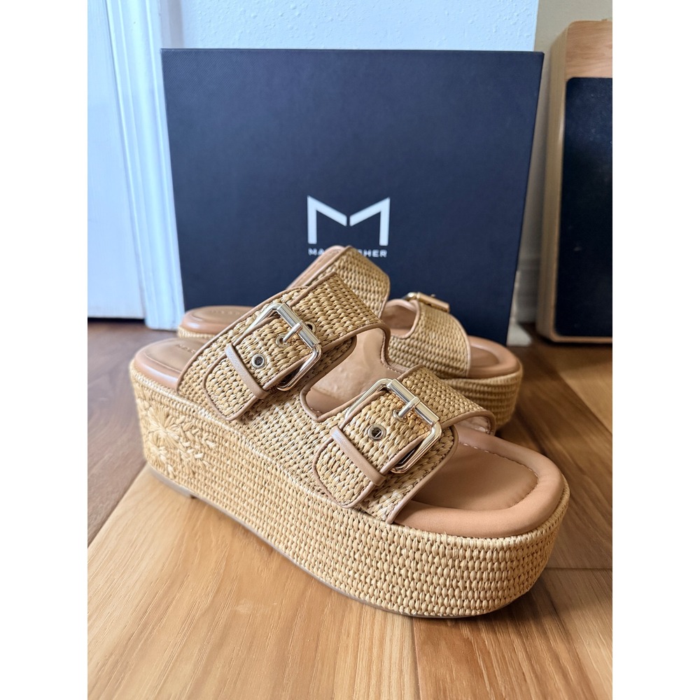 Marc Fisher Poppy Raffia Platform Slide Sandals Light Natural Gold Buckle 9.5